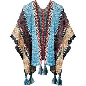 Women's knit Vintage Ethnic Tassel stripe Poncho Shawl